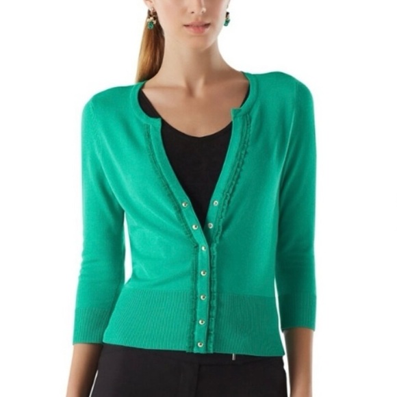 White House Black Market Green Snap Sweater Cardigan Ruffled Lace Trim Large - Picture 1 of 12